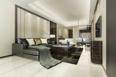 3D güzel modern yemek odası ve lüks dekorlu oturma odası.