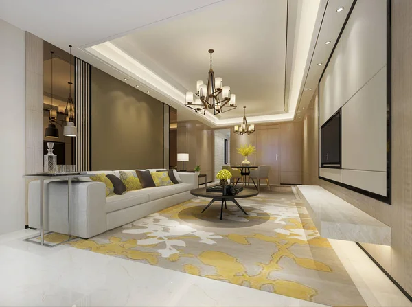 Rendering Modernes Esszimmer Und Gelbes Wohnzimmer Mit Luxuriösem Dekor — Stockfoto