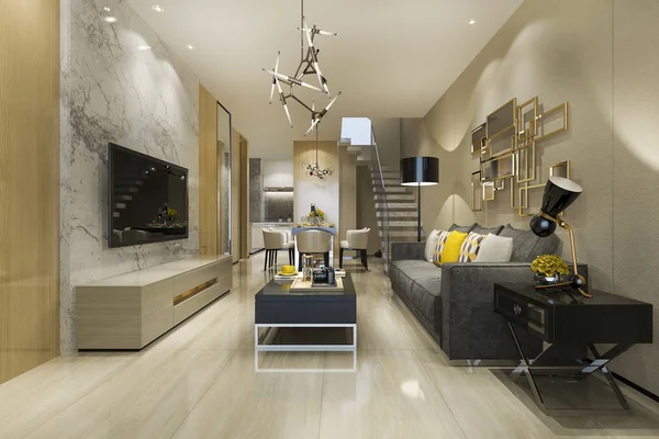 Rendering Modern Loft Dining Room Living Room Luxury Decor Stair — 스톡 사진