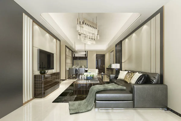 Vykreslování Krásné Moderní Jídelna Obývací Pokoj Luxusním Dekorem — Stock fotografie