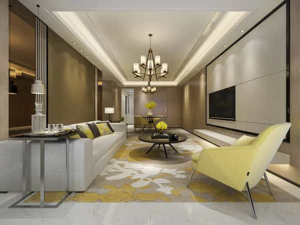 Renderização Moderna Sala Jantar Sala Estar Amarela Com Decoração Luxo — Fotografia de Stock