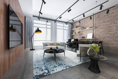 3D, raf, piyano ve tuğla dekorlu lüks bir oturma odası.