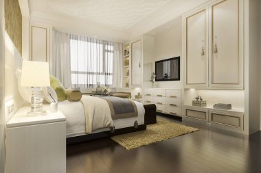 3D, Çin usulü gardırop ve dolabı olan klasik yatak odası süiti televizyonu.