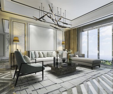 Oturma odasında kanepe ve avizeyle üç boyutlu lüks klasik duvar.