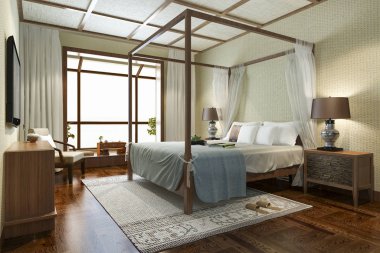 Tatil otel ve tatil beldesinde 3d render lüks tropikal yatak odası süiti