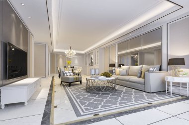 3D güzel modern yemek odası ve oturma odası, aynanın yanındaki lüks dekor ve kumaştan kanepe.