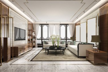 3D işlemeli lüks ve modern oturma odası Çin tarzı dekorlu.