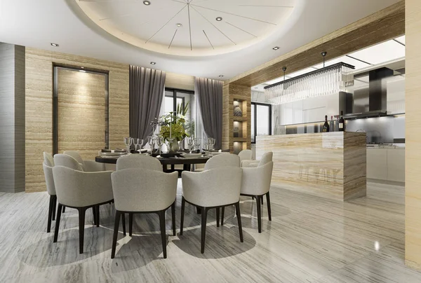 Rendering Modernes Esszimmer Und Küche Mit Wohnzimmer Mit Luxuriösem Dekor — Stockfoto