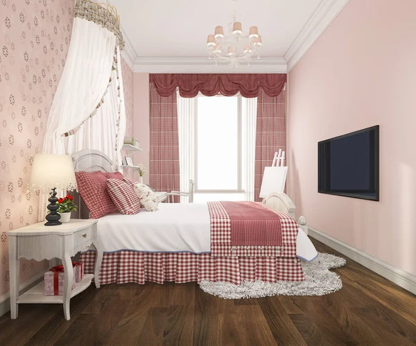 Rendering Beautiful Pink Pastel Vintage Kid Bedroom — Stock Photo, Image