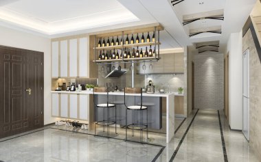 3D İskandinav çatı katı modern mutfak merdiven yanında yemek alanı