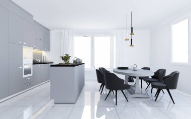 3D rendelendirme İskandinav klasik modern mutfak beyaz yemek alanı ile