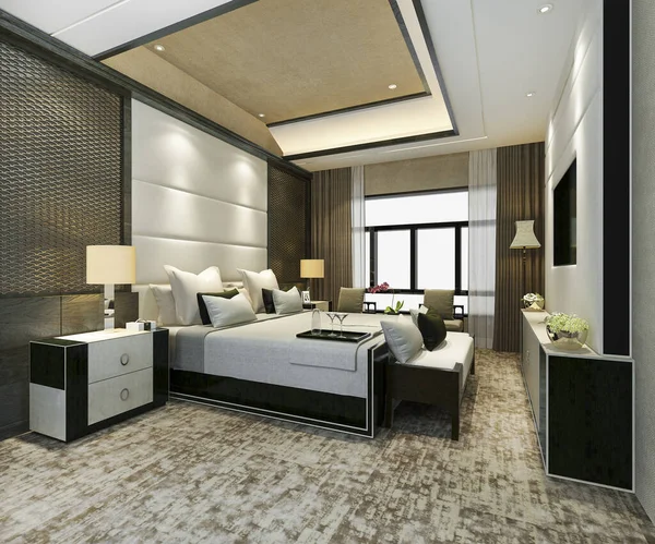 Rendering Klassisch Schöne Luxus Schlafzimmer Suite Hotel Mit Fernseher — Stockfoto