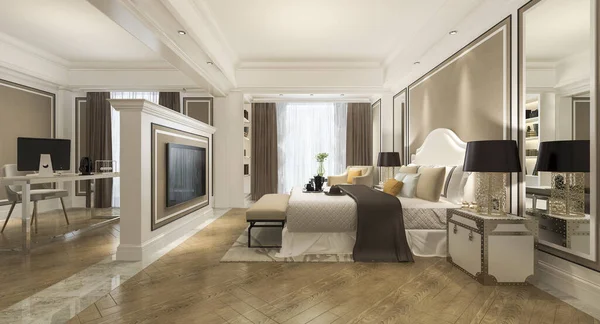 Rendering Schönen Klassischen Luxus Schlafzimmer Suite Hotel Mit Und Arbeitstisch — Stockfoto