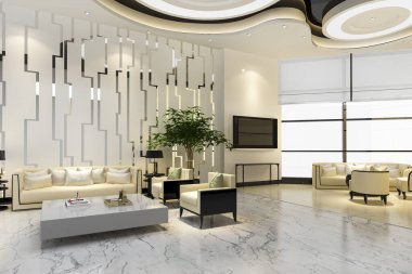 3D, lüks otel ve ofis resepsiyon salonu ve salon restoranı.