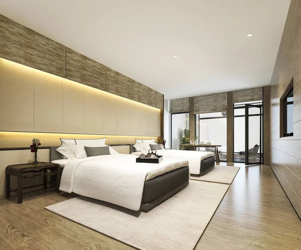 Rendering Luxury Tropical Bedroom Suite Resort Hotel Resort Twin Bed — Stock Photo, Image