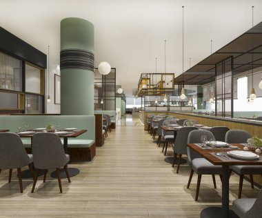 3D rending tavan arası ve lüks otel resepsiyonu ve klasik kafe restoranı.