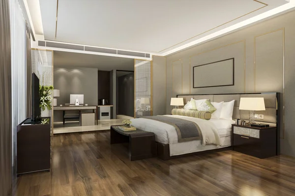 Rendering Mooie Luxe Slaapkamer Suite Hotel Met Werktafel — Stockfoto