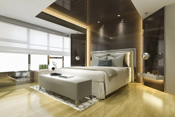 3Dレンダリング美しい高級ベッドルームスイートでテレビとブラックミラー — ストック写真