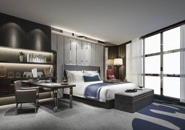 3D, otel odasındaki, üzerinde televizyon, çalışma masası ve raf olan güzel bir süit.