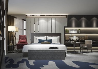 3D, otel odasındaki, üzerinde televizyon, çalışma masası ve raf olan güzel bir süit.