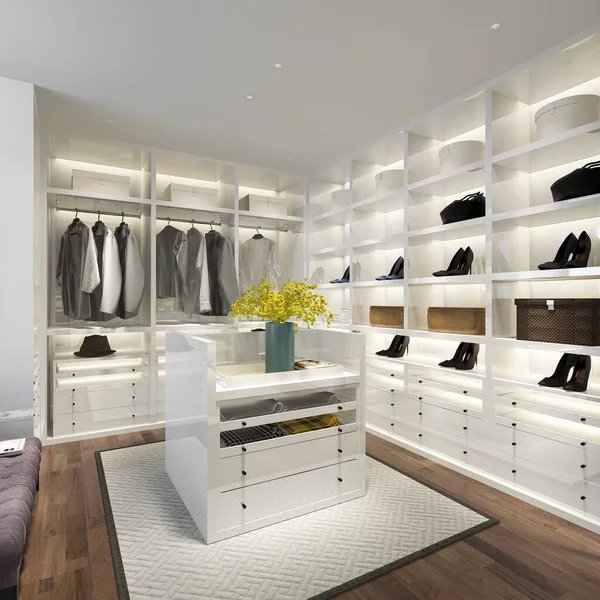 Rendering Minimal White Scandinavian Wood Walk Closet Wardrobe — Stock Photo, Image