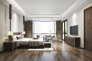 3D render lüks Çin Yatak Odalı Süit resort otel