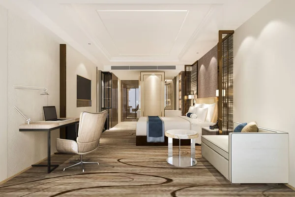 Renderizado Hermoso Dormitorio Lujo Suite Hotel Con Mesa Trabajo —  Fotos de Stock