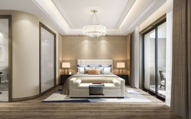 3D modern lüks yatak odası süiti ve banyo.