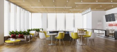 3D rending tavan arası ve lüks otel resepsiyonu ve klasik kafe restoranı.