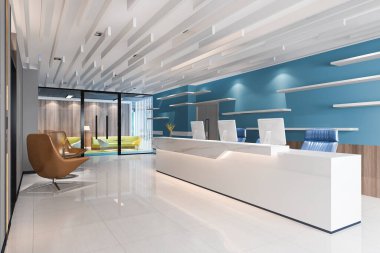 3D modern lüks otel ve ofis resepsiyonu ve mavi dekorlu dinlenme odası