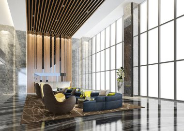 3D büyük lüks otel resepsiyon salonu ve yüksek tavanlı restoran.