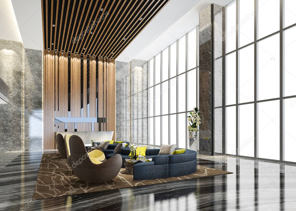 3d rendering grand luxury hotel reception hall and lounge restaurant with high ceiling