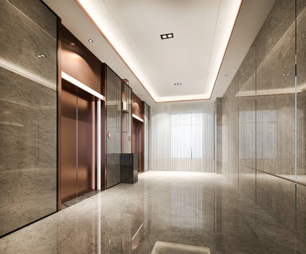 3Dレンダリング廊下近くの豪華なデザインのビジネスホテルで現代的なスチールエレベーターリフトロビー — ストック写真