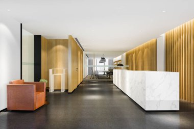 3D modern lüks otel ve ofis resepsiyonu ve toplantı odası sandalyeli dinlenme odası