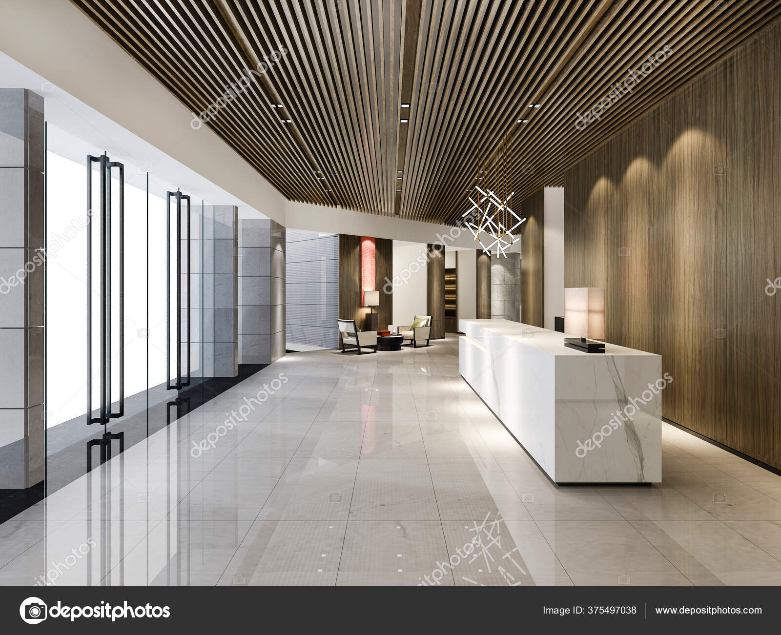 Rendering Luxury Hotel Reception Hall Wood Asian Style Office Modern