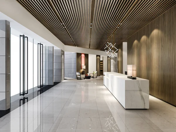 Rendering Luxushotel Empfangshalle Und Holz Asiatischen Stil Büro Mit Moderner — Stockfoto