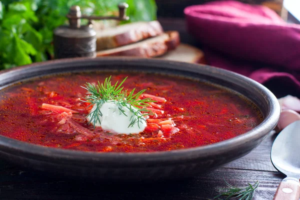 Traditional Ukrainian soup - borsch, horizontal — Stock Photo, Image