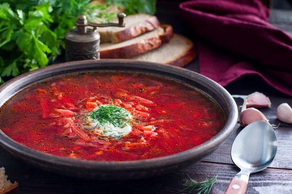 Traditional Ukrainian soup - borsch, horizontal — Stock Photo, Image