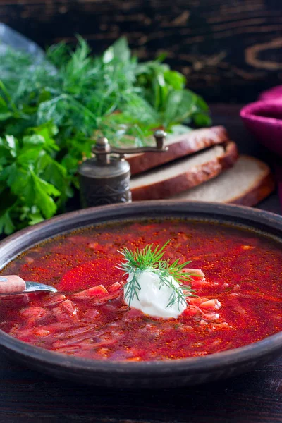 Hot soup with beets and sour cream in a clay bowl, selective focus — Stock Photo, Image