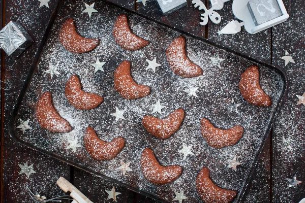 クリスマス クッキー チョコレート三日月、平面図、セレクティブ フォーカス — ストック写真