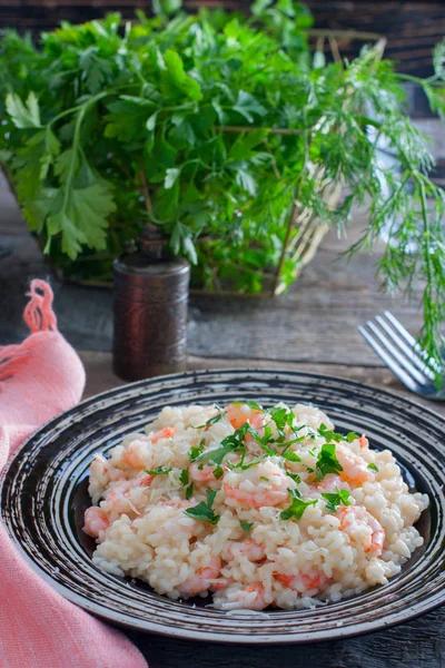 Risotto with shrimps, selective focus