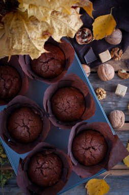Çikolatalı kek, çikolatalı kek ile fındık ve çikolata siyah bir zemin üzerine