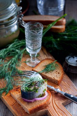 Soğan, seçici odak ile siyah ekmek üzerinde dereotu ile marine edilmiş ringa balığı