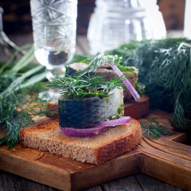 Soğan, seçici odak ile siyah ekmek üzerinde dereotu ile marine edilmiş ringa balığı