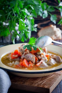 Türkiye uyluk fileto seçici odak rustik sebzeli güveç