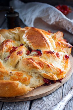 Kurutulmuş domates ve mozzarella peyniri, seçici odak ile pasta