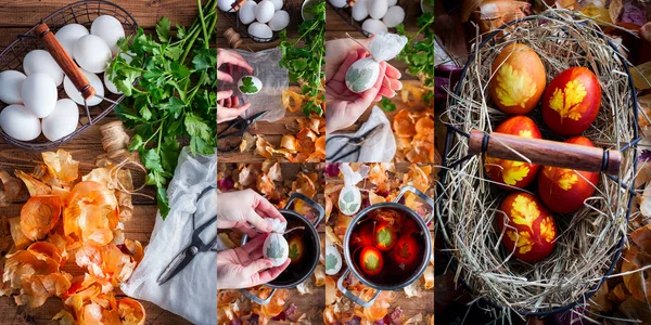 Collage of step-by-step preparation of colored eggs with a pattern for Easter with natural materials (onion husks), selective focus — Stock Photo, Image