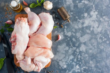 Kesilmiş tavuk parçaları, üstten görünüm, kopya alanı haline