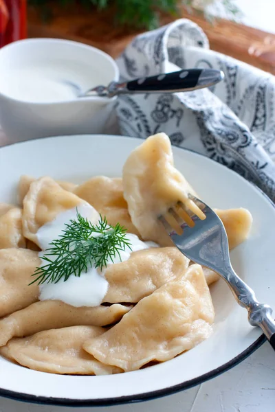 Dumplings with cheese and nettles in a traditional ceramic plate. Russian traditional cuisine — Stock Photo, Image