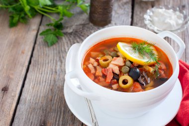 Traditional Russian soup Solyanka in Moscow, horizontal, copy space clipart